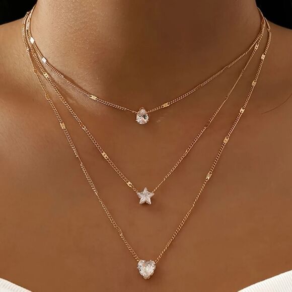 Multilayer Water Drop Love Star Rhinestone Pendant Clavicle Chain Necklace